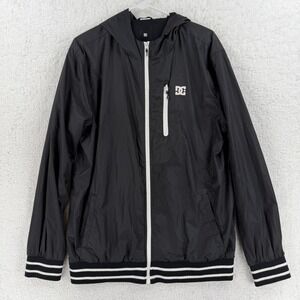 DC Shoes Jacket Mens Large Black Hooded Windbreaker Full Zip Skateboarding Y2K
